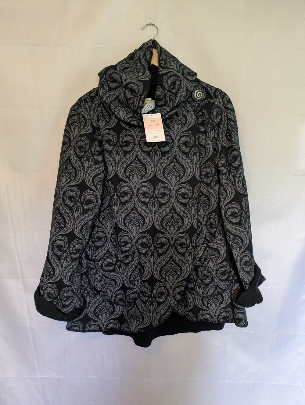​Ark Fair Trade Damask Asymmetrical Wrap Jacket Hooded Sweater Black Grey NWT XL